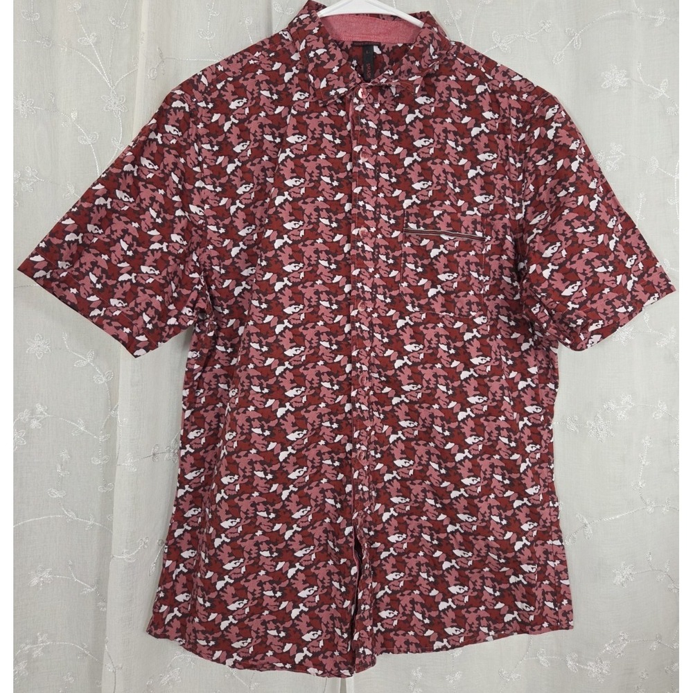 SMASH Short Sleeve Button Shirt Dark Red Patterned Large Pocket Cotton‎
